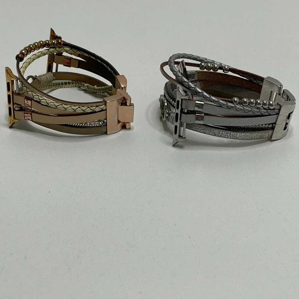Set of 2 Boho Multi-Strand Leather Apple Watch Bands Rose Gold and Silver